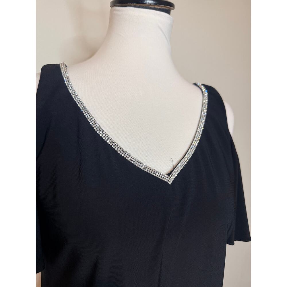 Women's Black Cold-Shoulder V-Neck Top with Silver Trim - Picture 2 of 8